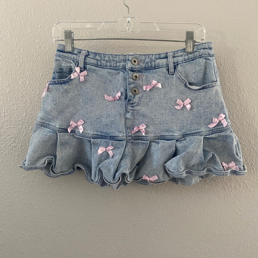 Sweet Socierty Denim Mini Skirt Small Bow‎ Coquette Dollette Feminine Y2K Ruffle